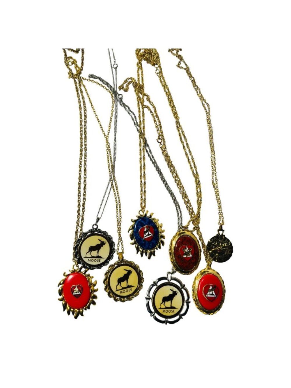 Vintage Moose Lodge Pendant Necklace Lot Fraternal Jewelry Red Blue Gold Tone